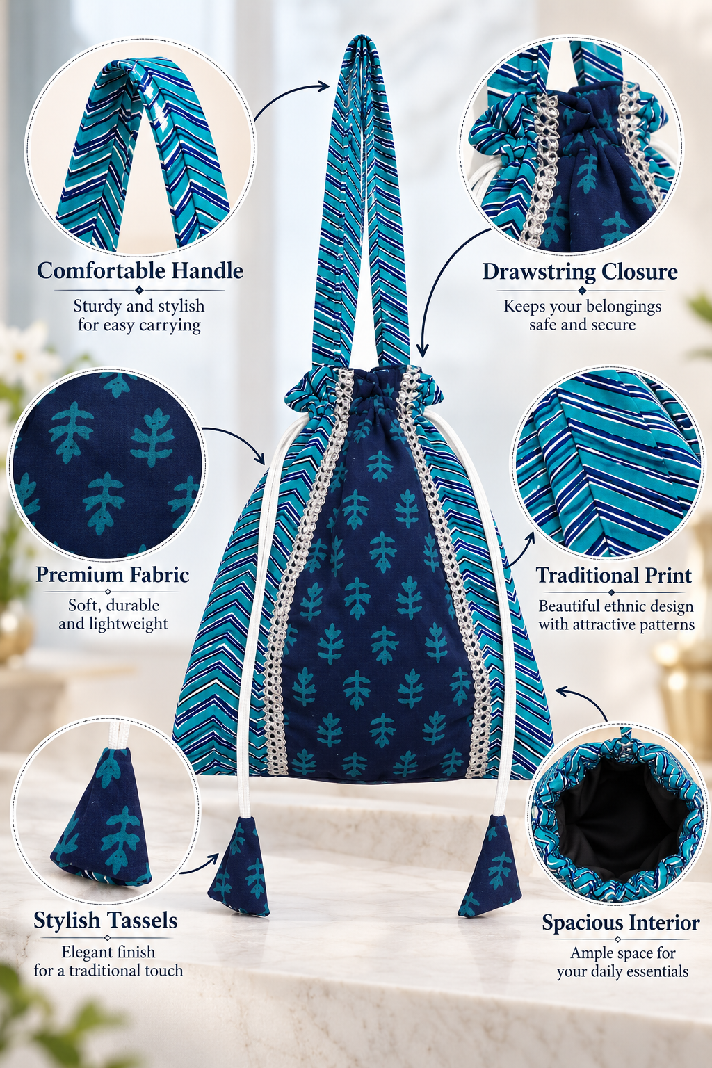 Women’s Blue Teal Ethnic Potli Bag with Printed Design, Drawstring Closure, Decorative Border and Stylish Tassels for Festive Occasions