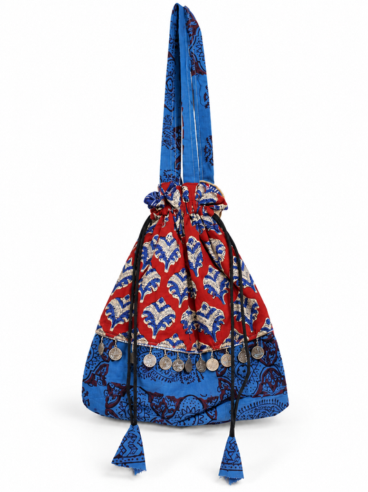 Blue Red Printed Potli Bag with Traditional Floral Patterns, Drawstring Closure, Coin Charms, Long Handle and Decorative Tassels for Women