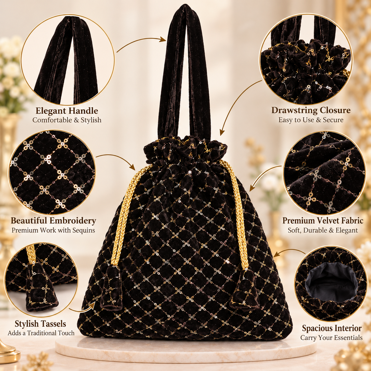 Black Embroidered Potli Bag for Women