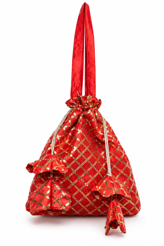 Red Golden Checkered Potli Bag for Women | Designer Satin Drawstring Potli Purse for Wedding, Festive & Party