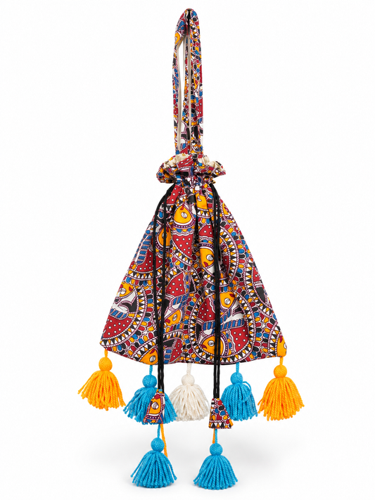 Multicolor Printed Potli Bag with Traditional Ethnic Patterns, Long Handle, Drawstring Closure, Colorful Tassels and Stylish Festive Detailing