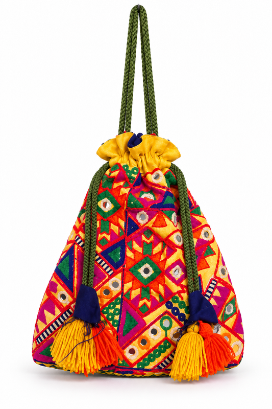 Multicolor Embroidered Potli Bag with Mirror Work, Green Braided Handle, Yellow Drawstring and Decorative Tassels for Festive Occasions and Celebrations