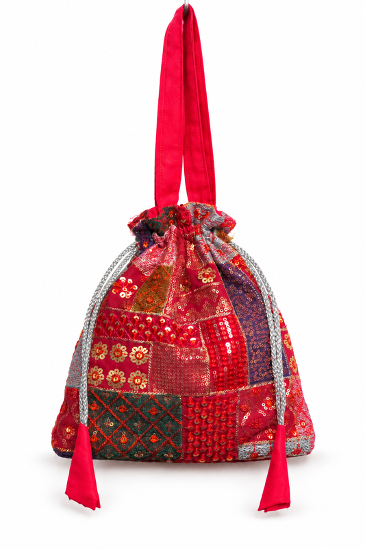 Red Patchwork Potli Bag with Sequin Embroidery, Drawstring Closure, Matching Tassels and Stylish Fabric Handle for Festive Ethnic Occasions