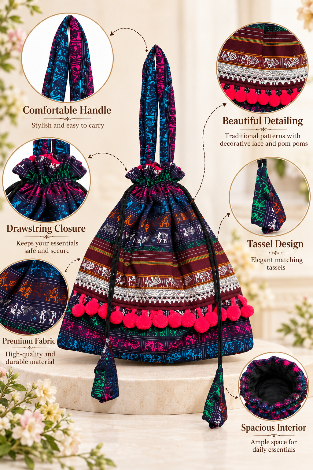 Traditional Multicolor Potli Bag with Intricate Ethnic Patterns, Decorative Pom Poms, Drawstring Closure, Matching Tassels and Elegant Handcrafted Detailing