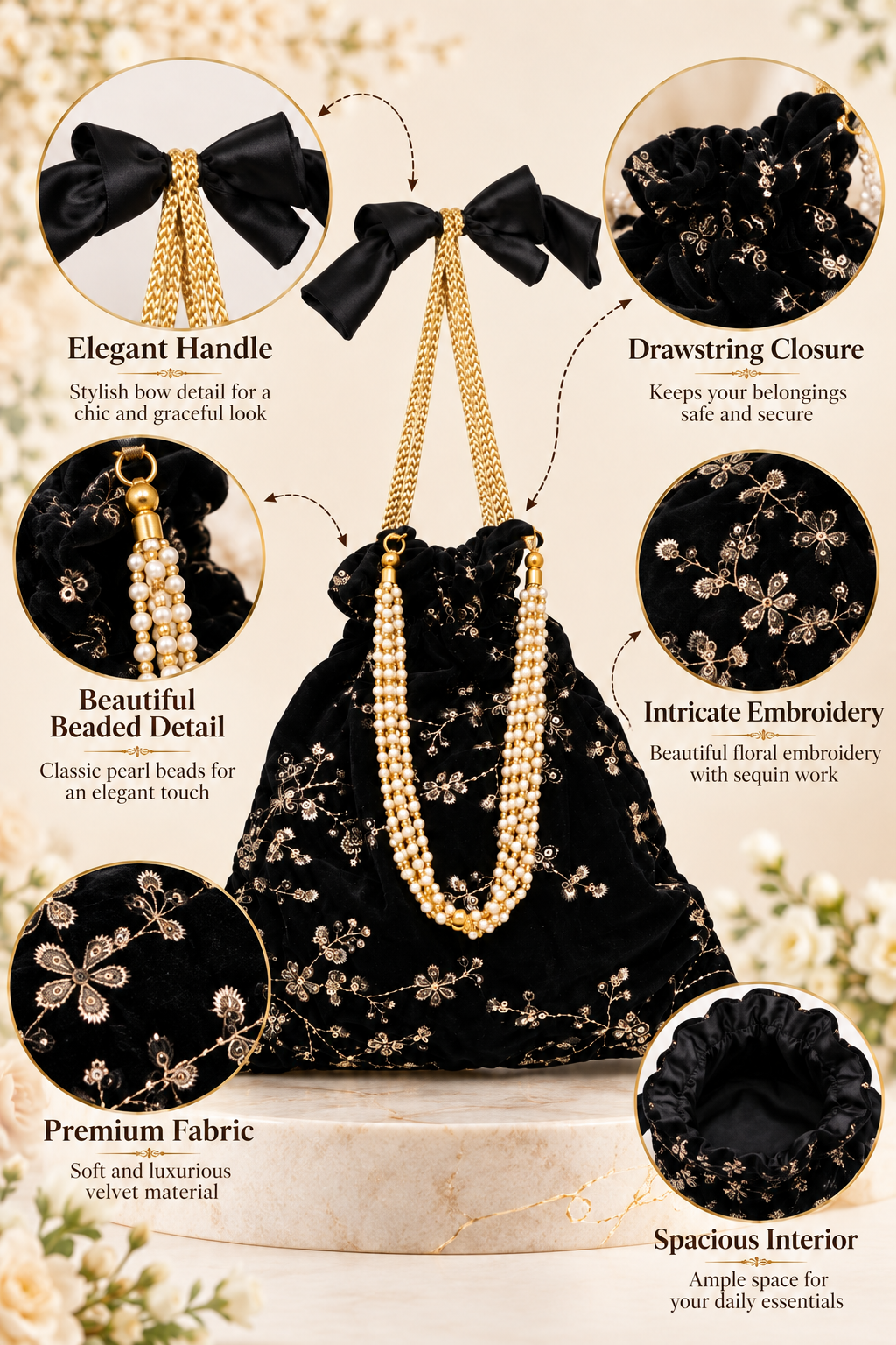 Elegant Black Velvet Potli Bag with Gold Floral Embroidery, Pearl Detailing, Drawstring Closure and Decorative Bow Handle for Festive Occasions