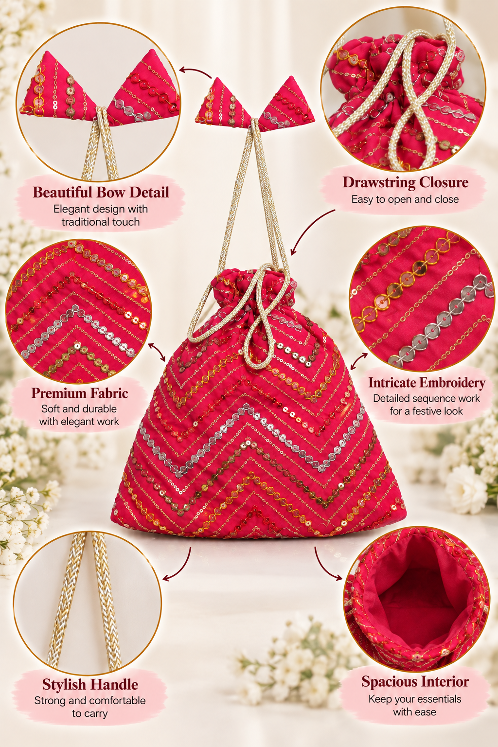 Pink Embroidered Potli Bag with Chevron Sequin Work, Golden Drawstring, Stylish Handle and Decorative Bow Detail for Festive Occasions