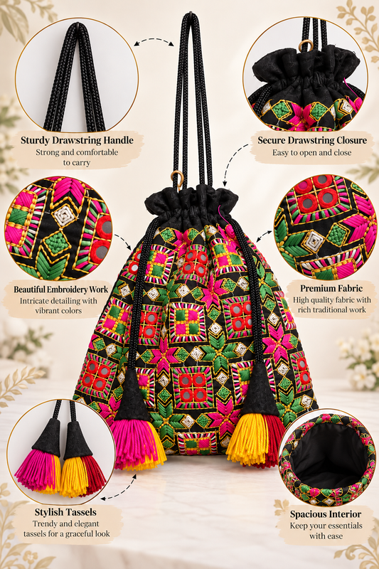 Handcrafted Colorful Embroidered Potli Bag with Traditional Mirror and Thread Work Drawstring Closure Decorative Tassels for Festive Ethnic Occasions