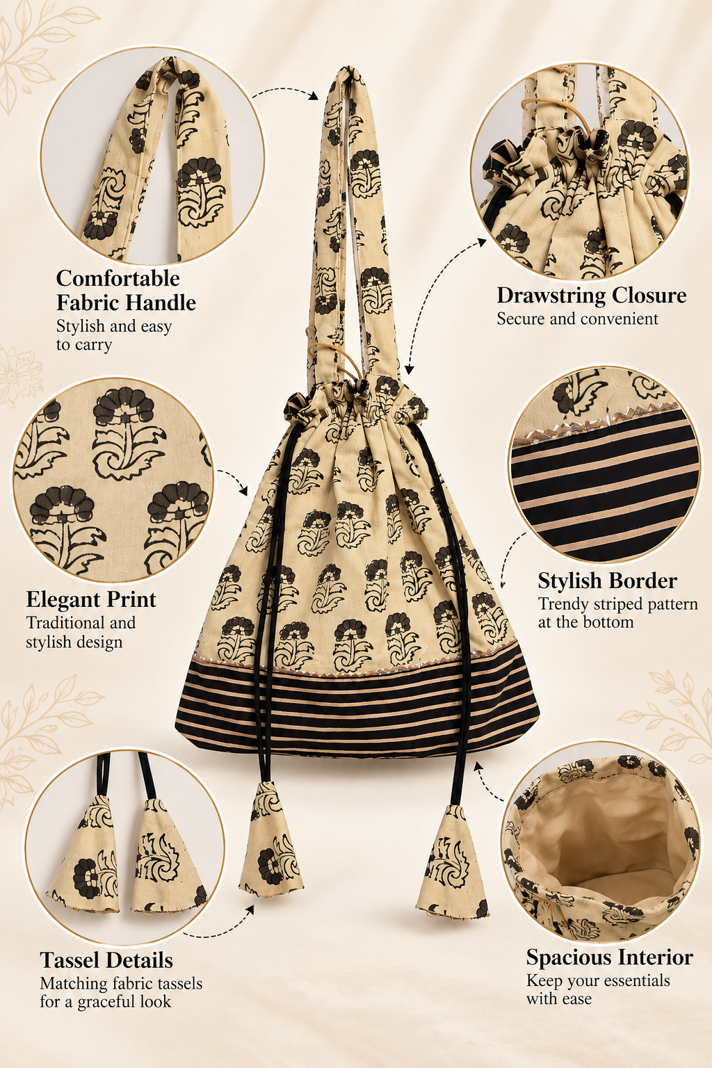 Traditional Cotton Potli Bag with Floral Print, Drawstring Closure, Matching Tassels and Striped Border for Festive Ethnic and Everyday Use