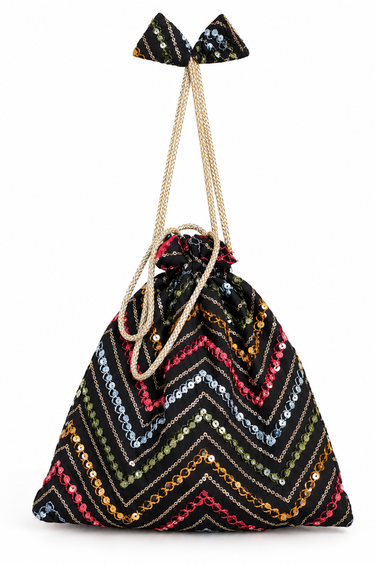 Black Embroidered Potli Bag with Multicolor Sequin Chevron Work, Golden Drawstring, Decorative Bow Detail and Stylish Handle for Festive Occasions