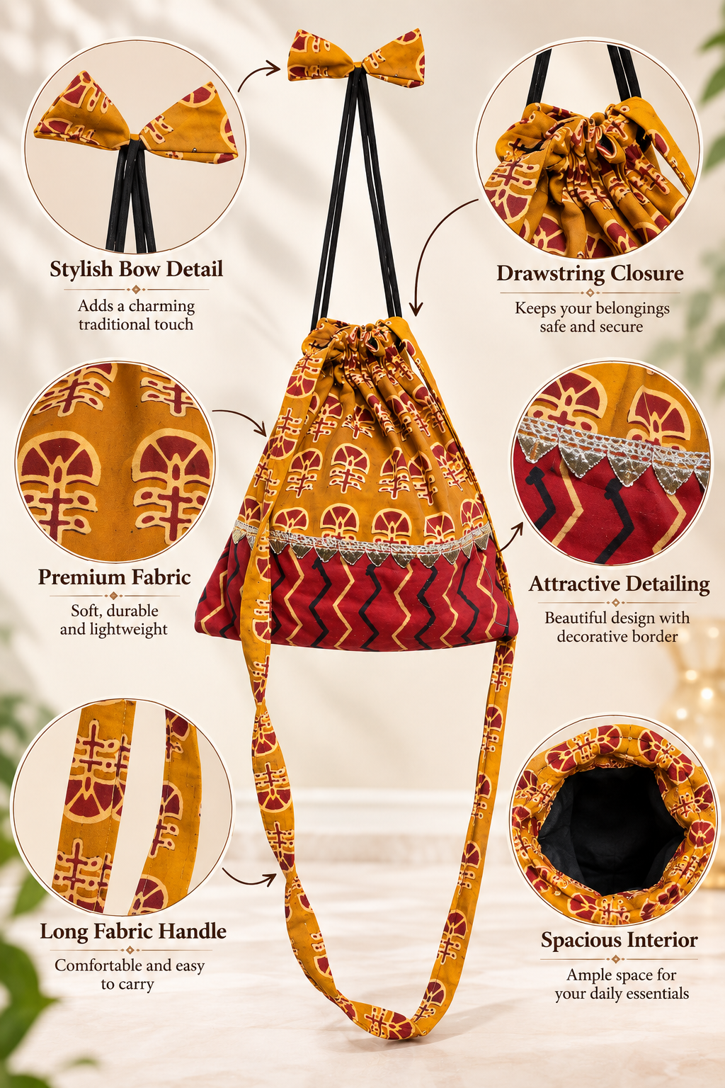 Women’s Mustard Maroon Ethnic Potli Bag with Printed Design, Drawstring Closure, Decorative Border and Long Fabric Handle for Festive Occasions