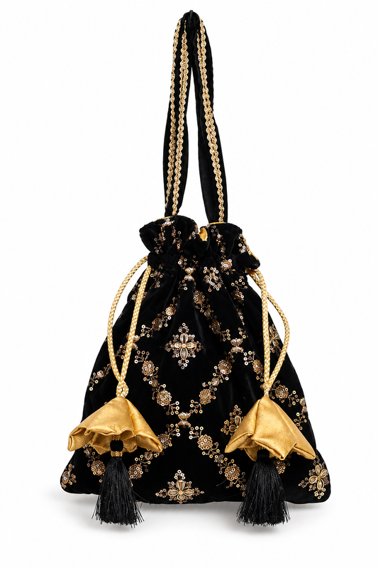 Black Velvet Potli Bag with Gold Embroidery, Decorative Tassels, Braided Handle and Drawstring Closure for Weddings, Festivals and Parties