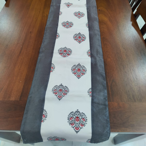 Classic Motif Off-White Polyester Table Runner with Grey Border