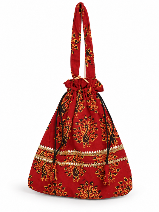 Red Printed Potli Bag with Peacock Design, Golden Decorative Border, Drawstring Closure, Long Handle and Matching Tassels for Women