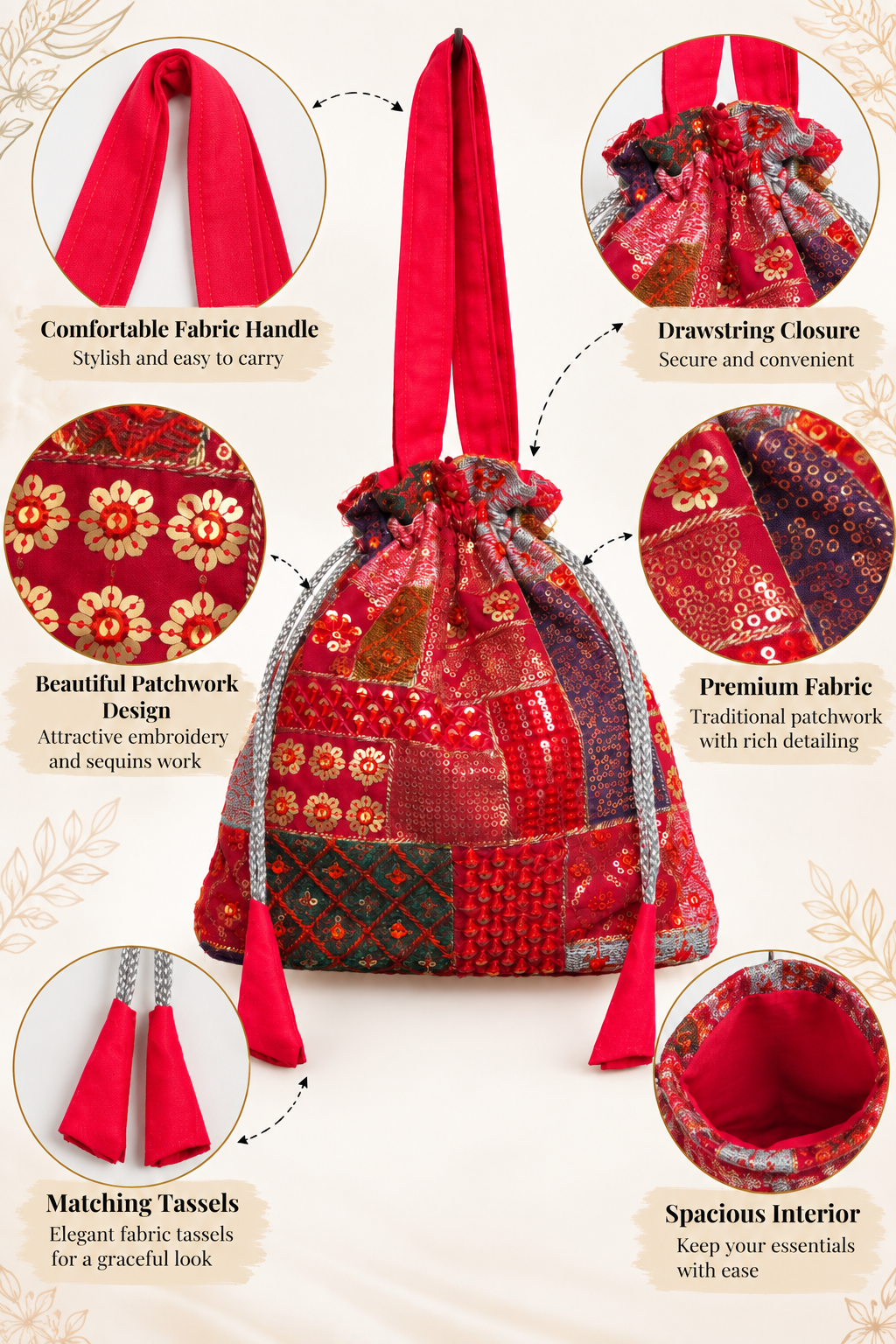 Red Patchwork Potli Bag with Sequin Embroidery, Drawstring Closure, Matching Tassels and Stylish Fabric Handle for Festive Ethnic Occasions