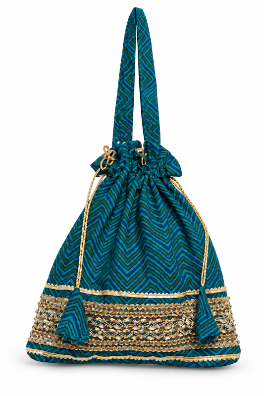 Teal Chevron Potli Bag with Gold Embroidery, Decorative Tassels, Drawstring Closure and Matching Handle for Festive Ethnic Occasions