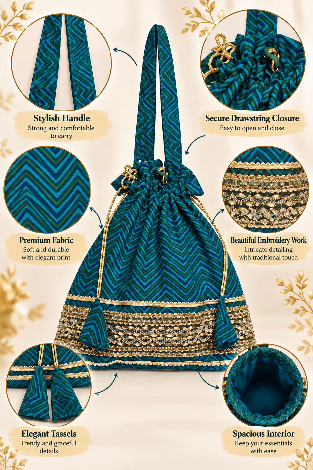 Teal Chevron Potli Bag with Gold Embroidery, Decorative Tassels, Drawstring Closure and Matching Handle for Festive Ethnic Occasions