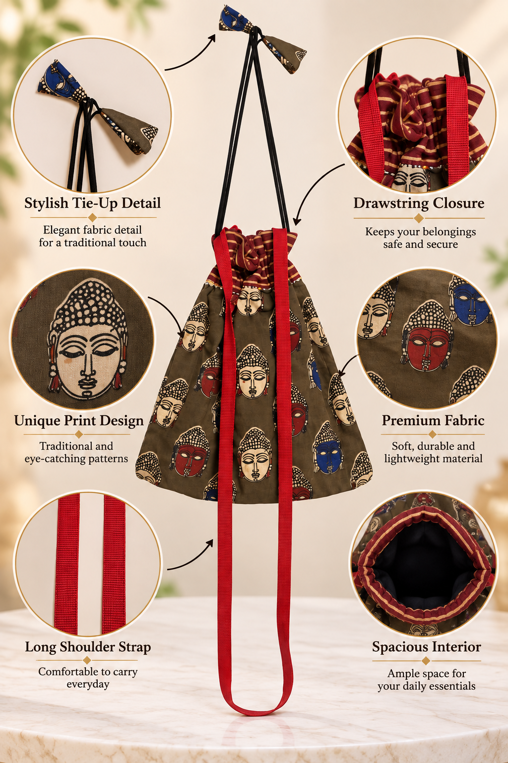 Women’s Olive Green Ethnic Potli Bag with Buddha Print, Red Straps, Drawstring Closure, Traditional Design and Stylish Long Handle
