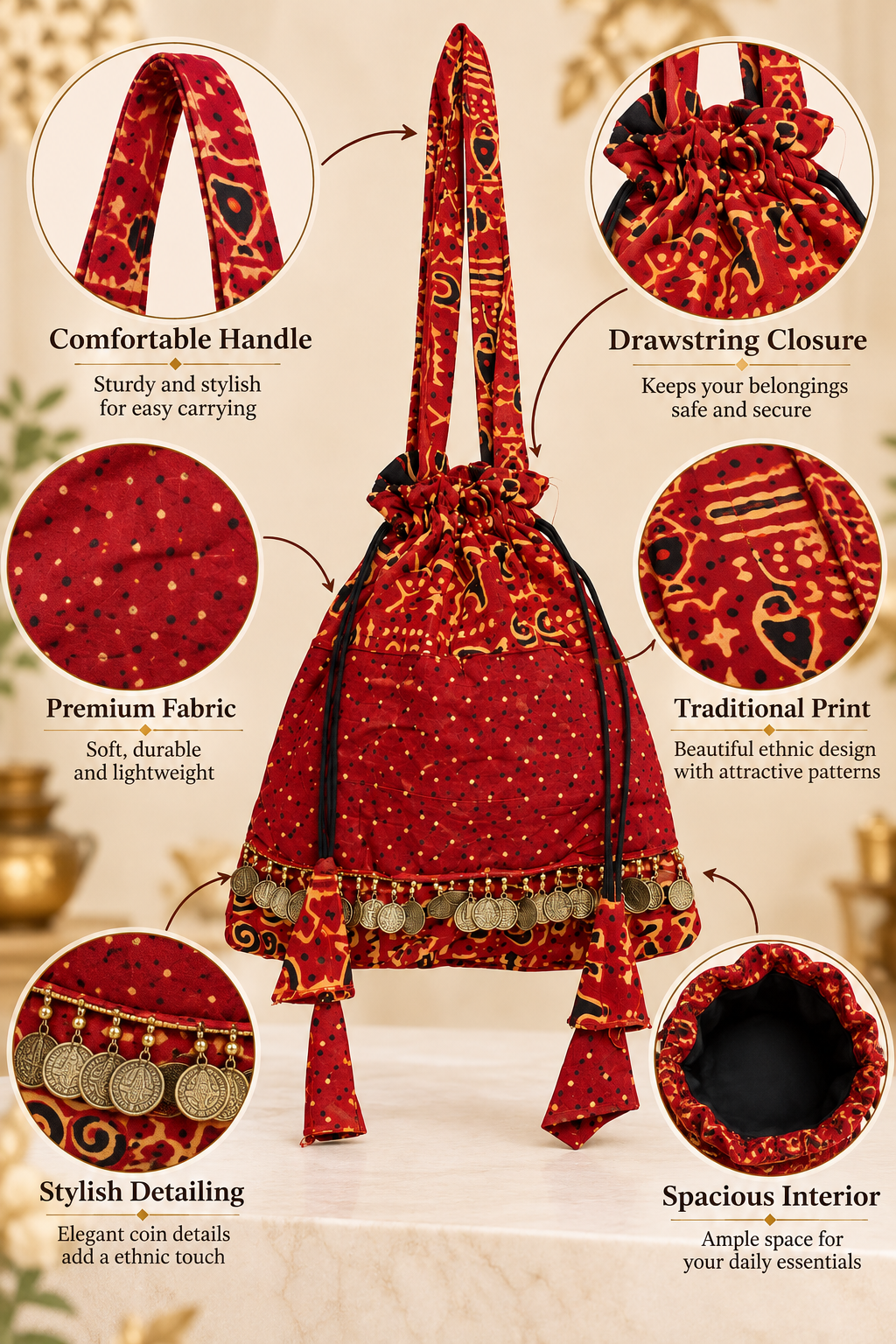 Maroon Printed Potli Bag with Traditional Folk Patterns, Golden Coin Detailing, Long Handle, Drawstring Closure and Decorative Tassels for Women