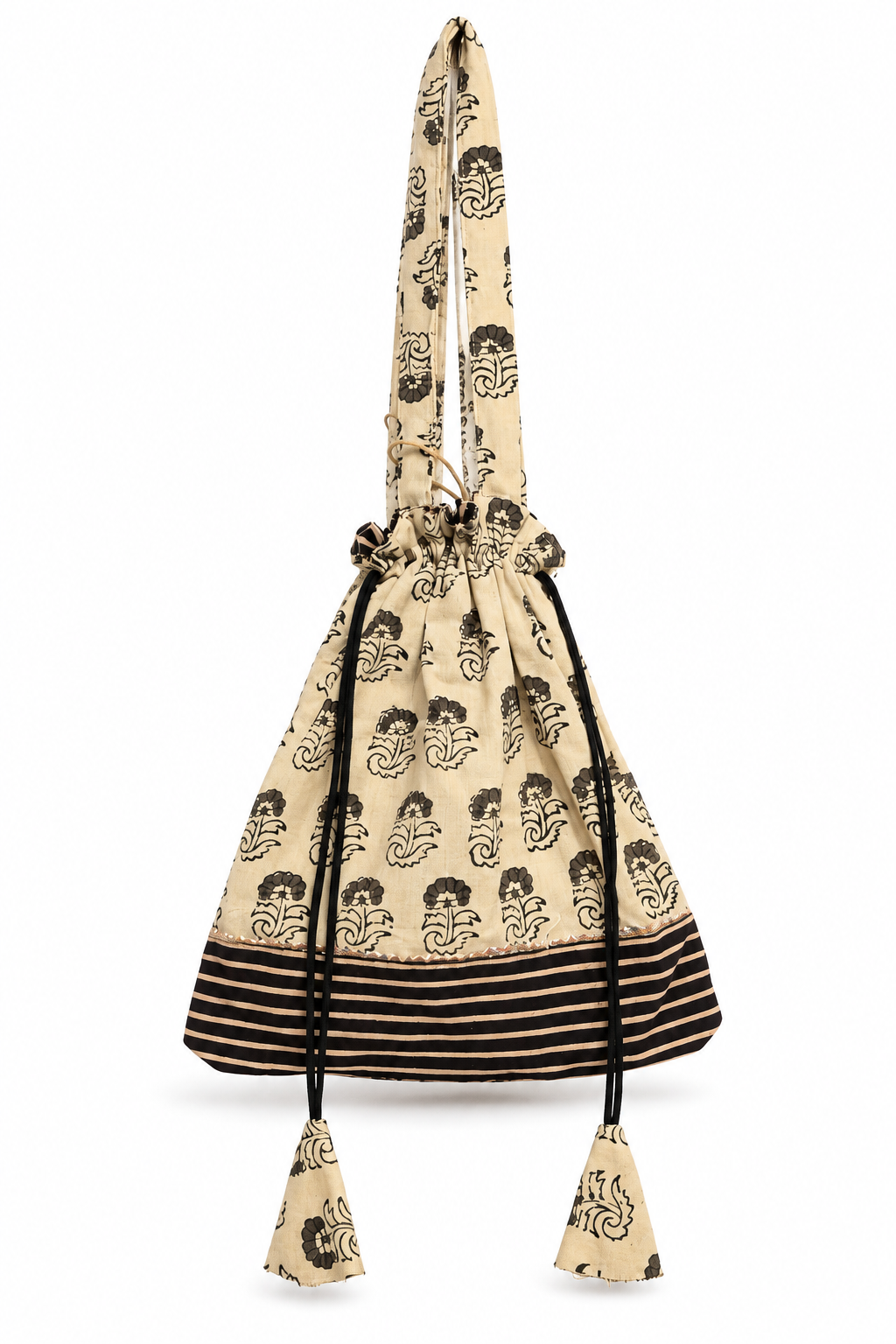 Traditional Cotton Potli Bag with Floral Print, Drawstring Closure, Matching Tassels and Striped Border for Festive Ethnic and Everyday Use