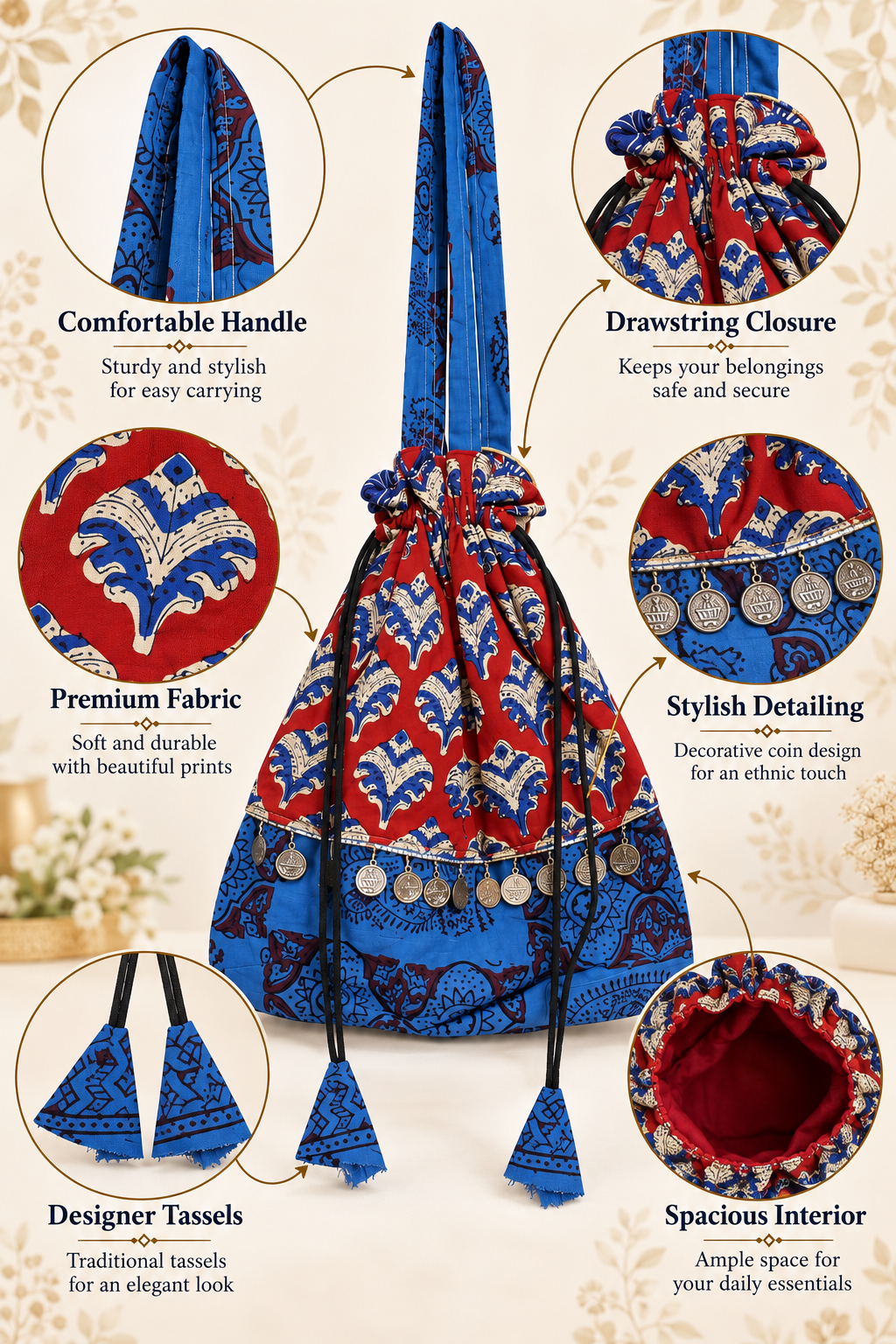 Blue Red Printed Potli Bag with Traditional Floral Patterns, Drawstring Closure, Coin Charms, Long Handle and Decorative Tassels for Women