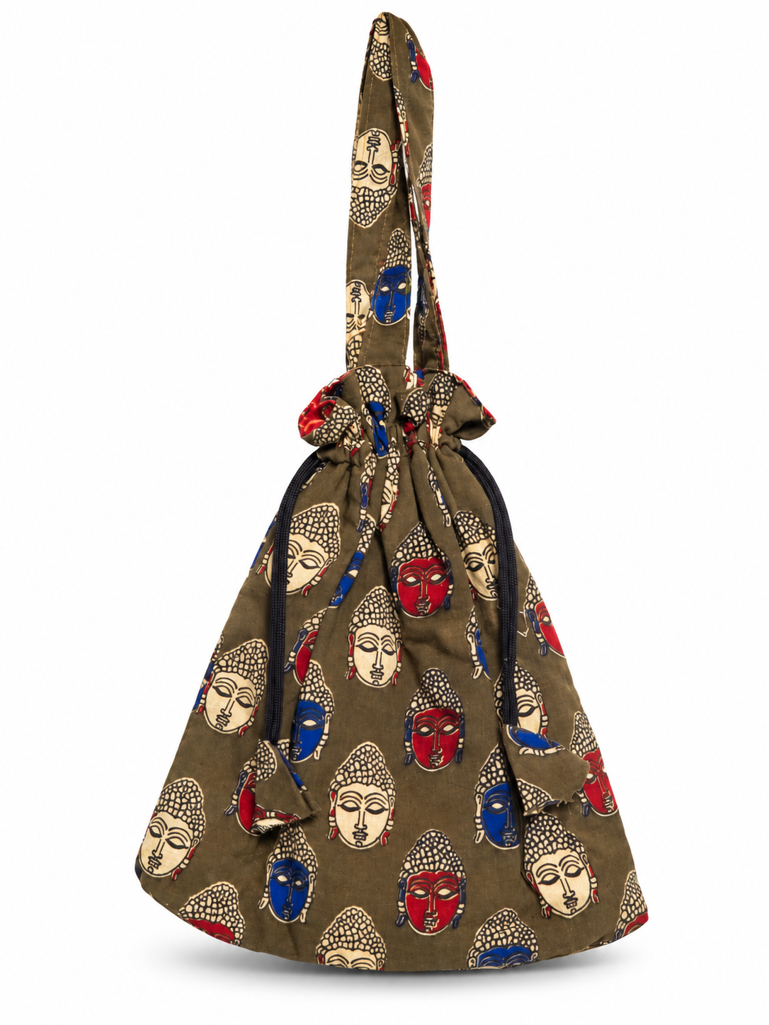 Olive Green Buddha Print Potli Bag with Traditional Motifs, Long Handle, Drawstring Closure, Black Cords and Stylish Ethnic Detailing