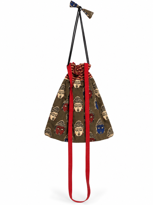 Women’s Olive Green Ethnic Potli Bag with Buddha Print, Red Straps, Drawstring Closure, Traditional Design and Stylish Long Handle