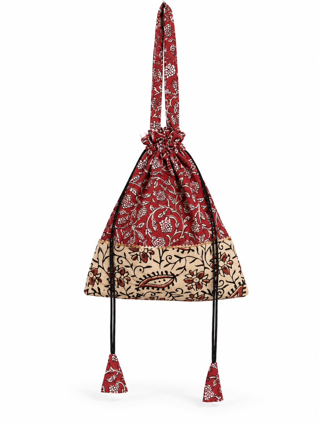 Women’s Red Floral Printed Potli Bag with Traditional Ethnic Design, Long Handle, Drawstring Closure, Decorative Border and Tassel Details