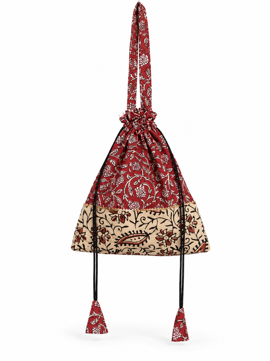 Women’s Red Floral Printed Potli Bag with Traditional Ethnic Design, Long Handle, Drawstring Closure, Decorative Border and Tassel Details
