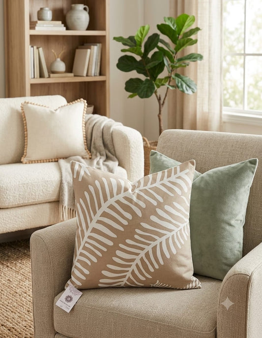 Set of Decorative Cushion Covers – Beige Leaf Print & Sage Green Modern Cushion Covers for Sofa