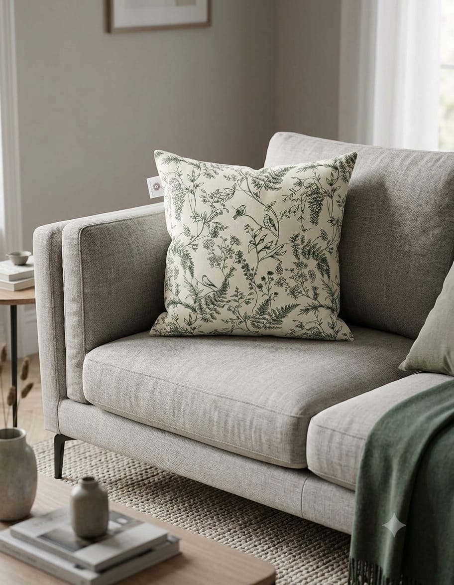 Cream Botanical Print Cushion Cover – Elegant Green Leaf & Floral Pattern Decorative Cushion Cover for Sofa and Bedroom