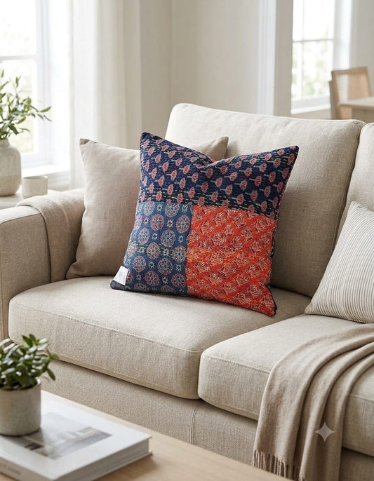 Multicolor Patchwork Cushion Cover – Traditional Blue, Red & Floral Printed Decorative Cushion Cover for Sofa and Bedroom