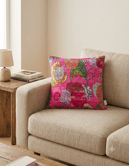 Pink Floral Patchwork Cushion Cover – Colorful Bohemian Printed Decorative Cushion Cover for Sofa, Couch and Bedroom