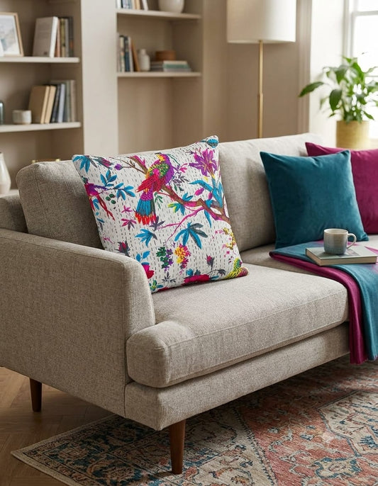 Multicolor Bird Print Cushion Cover – Colorful Floral & Tropical Bird Design Decorative Cushion Cover for Sofa and Bedroom