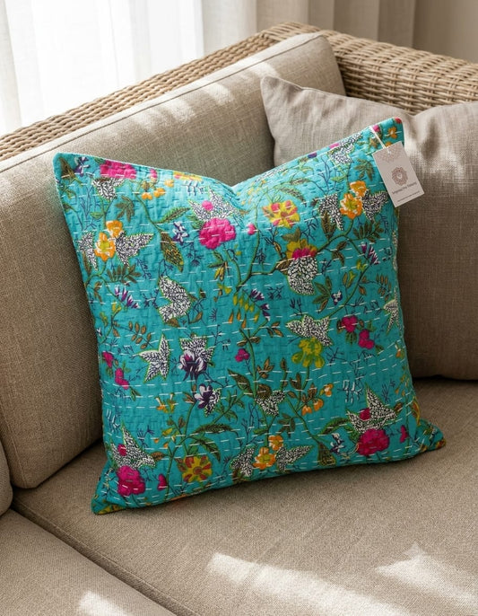 Turquoise Blue Floral Cushion Cover – Multicolor Botanical Print Decorative Cushion Cover for Sofa, Couch and Bedroom