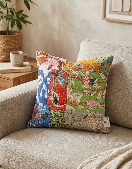 Multicolor Patchwork Cushion Cover – Vibrant Floral & Botanical Printed Decorative Cushion Cover for Sofa and Bedroom
