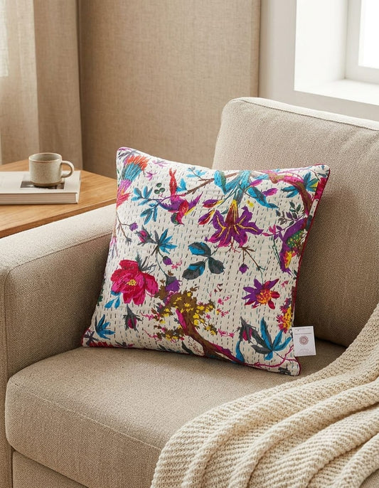 Multicolor Floral Bird Print Cushion Cover – Vibrant Botanical Design Decorative Cushion Cover for Sofa, Couch and Bedroom