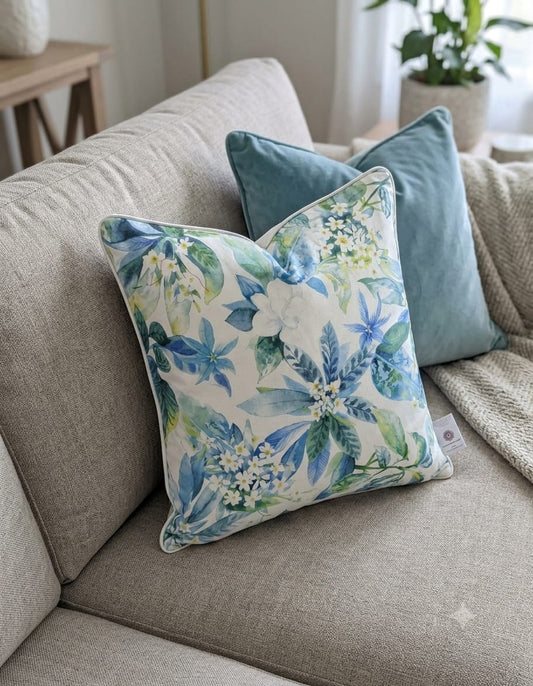 Blue Green Floral Cushion Cover – Elegant Watercolor Botanical Print Decorative Cushion Cover for Sofa and Bedroom