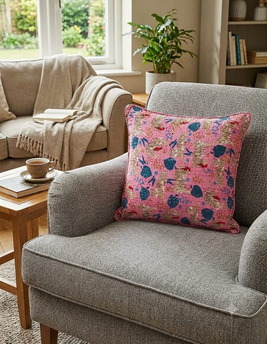 Pink Printed Cushion Cover – Artistic Floral & Leaf Pattern Decorative Cushion Cover for Sofa, Couch and Bedroom