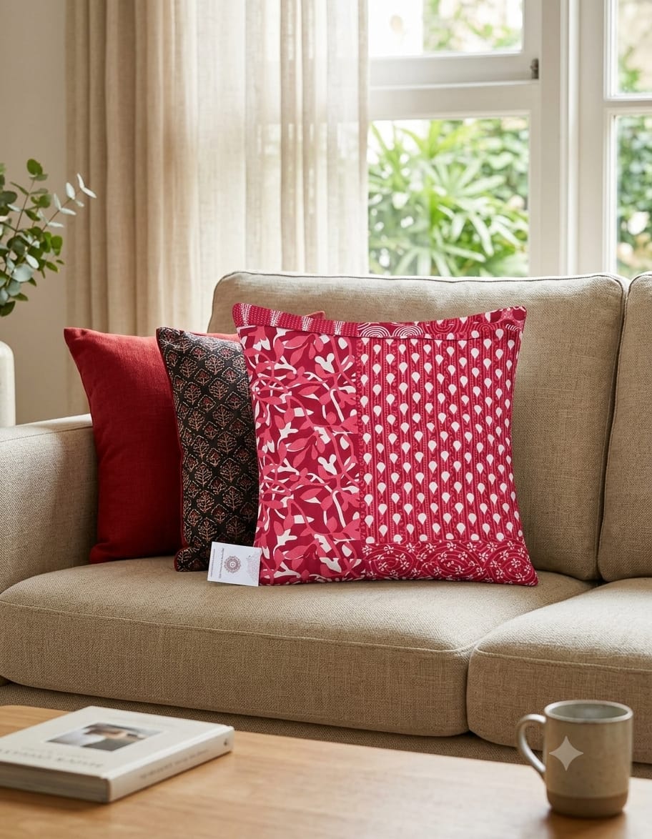 Pink Patchwork Cushion Cover – Red & White Geometric and Floral Printed Decorative Cushion Cover for Sofa and Bedroom