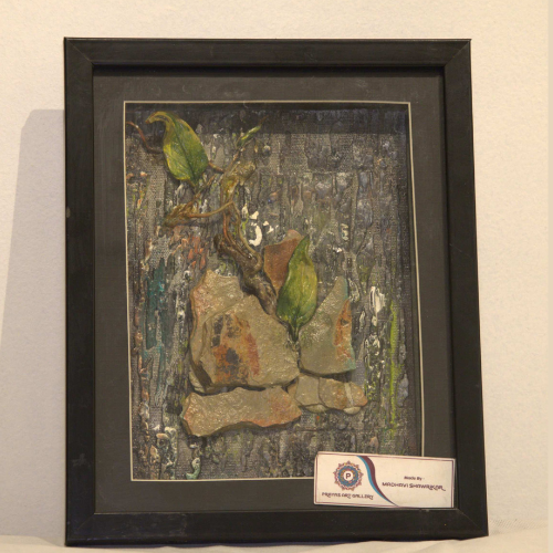 Rock with roots & leaves on it clay art wall art