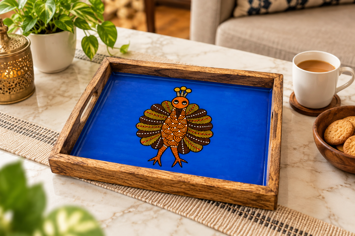 Peacock Motif Wooden Tray