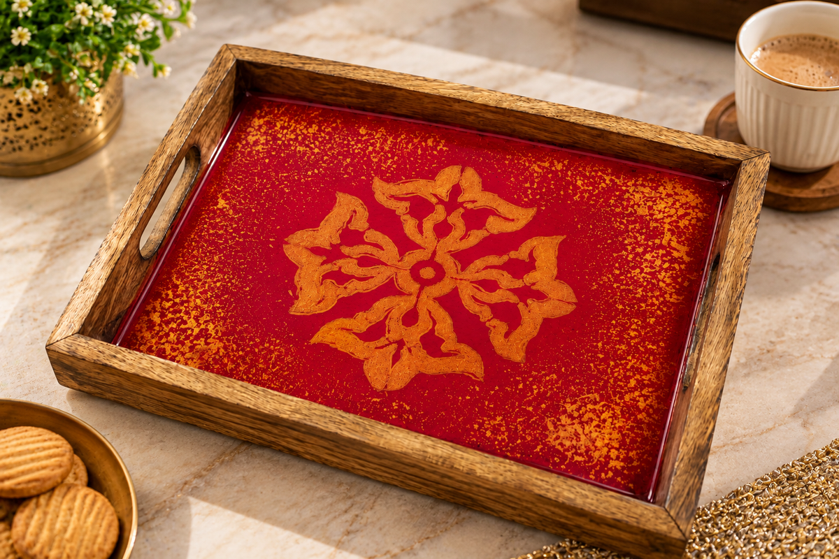 Crimson Mandala Wooden Tray