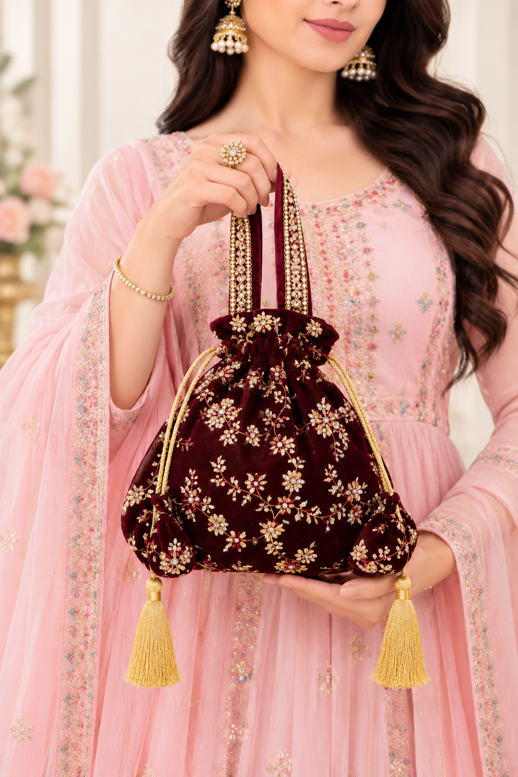 Maroon Embroidered Potli Bag for Women