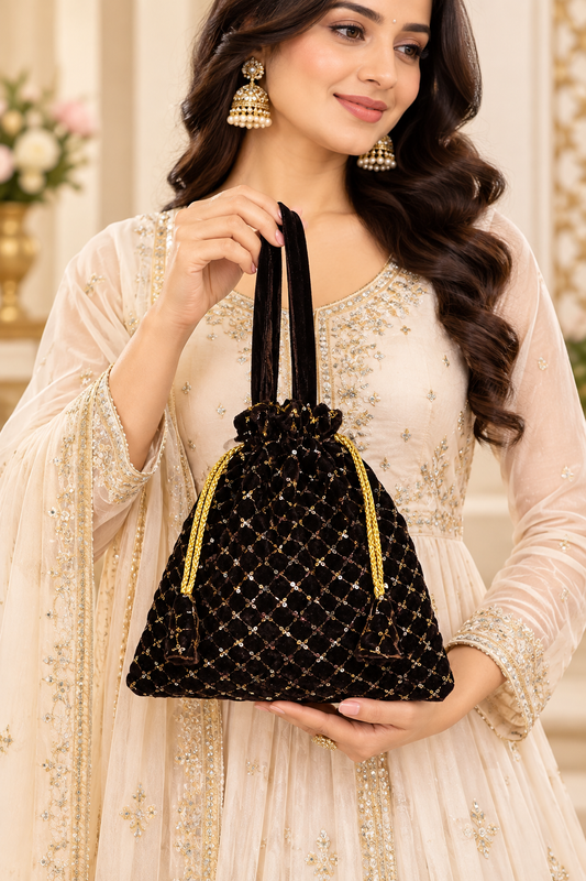 Black Embroidered Potli Bag for Women