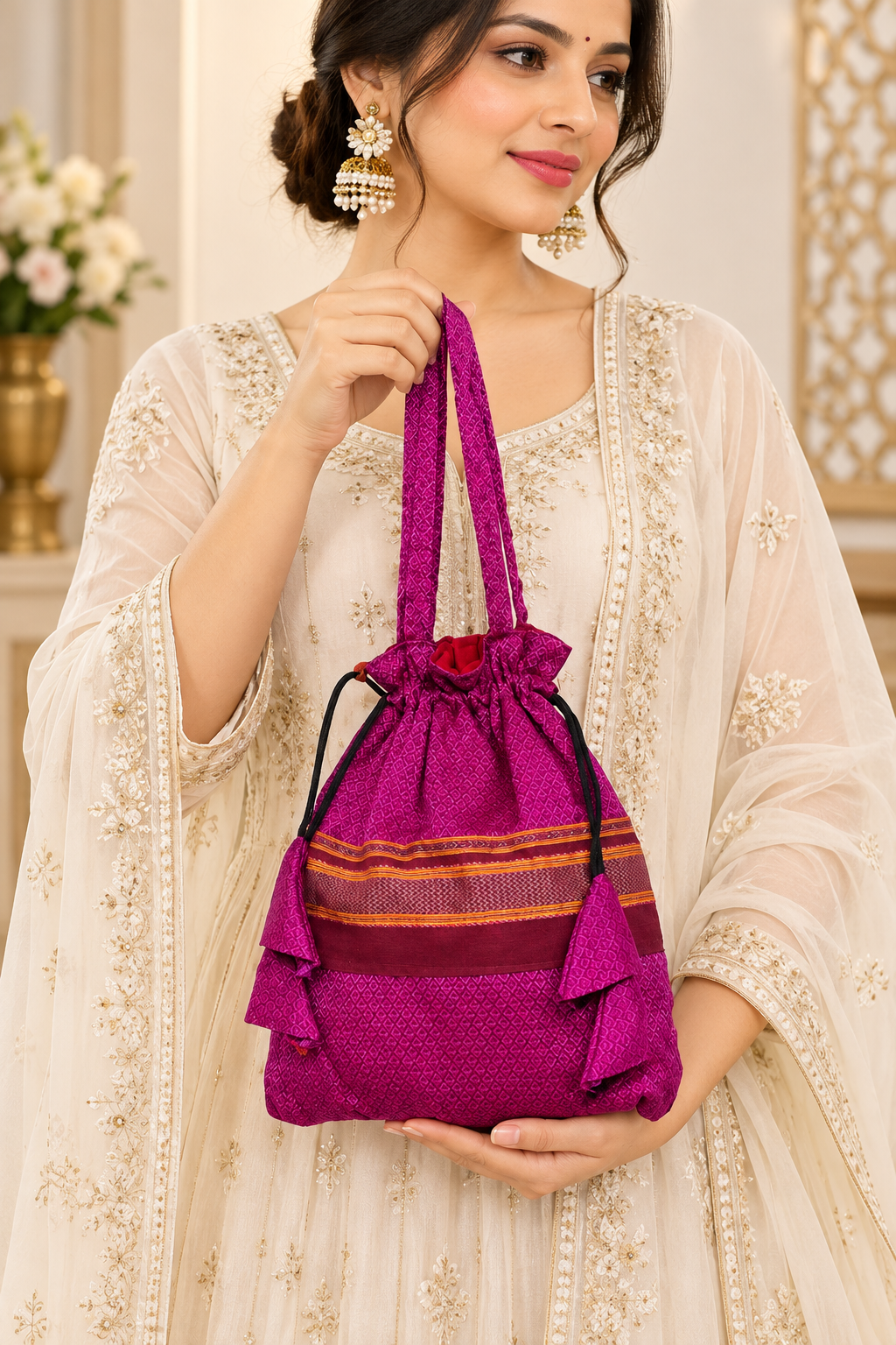 Magenta Printed Potli Bag for Women | Traditional Drawstring Shoulder Potli Purse with Tassels for Wedding, Festive & Party
