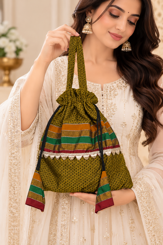 Traditional Green Potli Bag with Intricate Pattern, Multicolor Stripes, Decorative Border, Drawstring Closure and Matching Tassels for Festive Wear