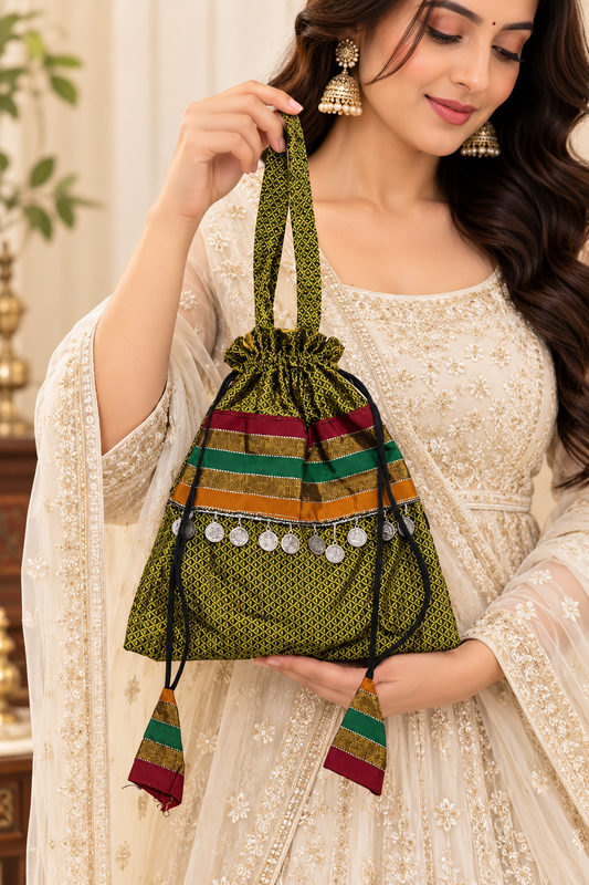 Handcrafted Green Potli Bag with Traditional Embroidery, Multicolor Stripes, Drawstring Closure, and Decorative Coin Tassels for Elegant Festive Occasions