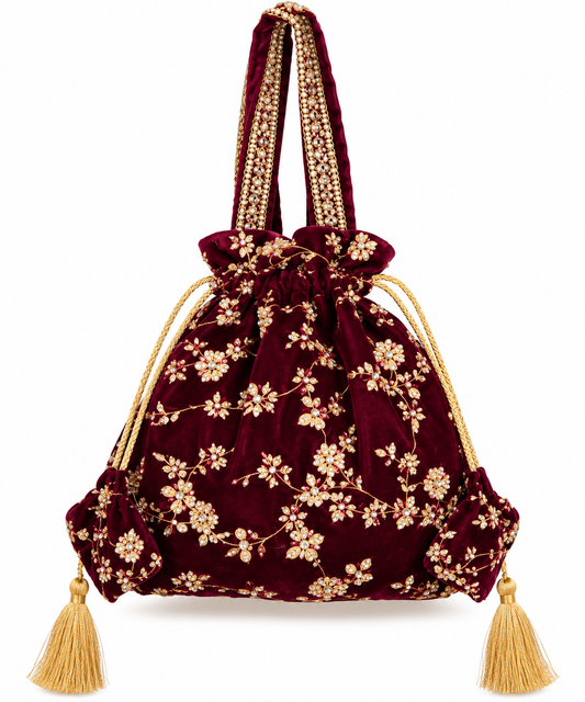 Maroon Embroidered Potli Bag for Women