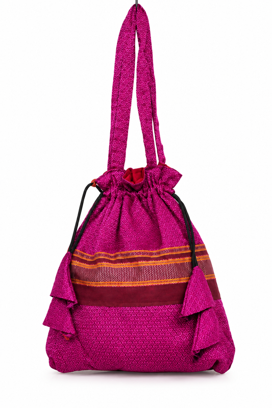 Magenta Printed Potli Bag for Women | Traditional Drawstring Shoulder Potli Purse with Tassels for Wedding, Festive & Party