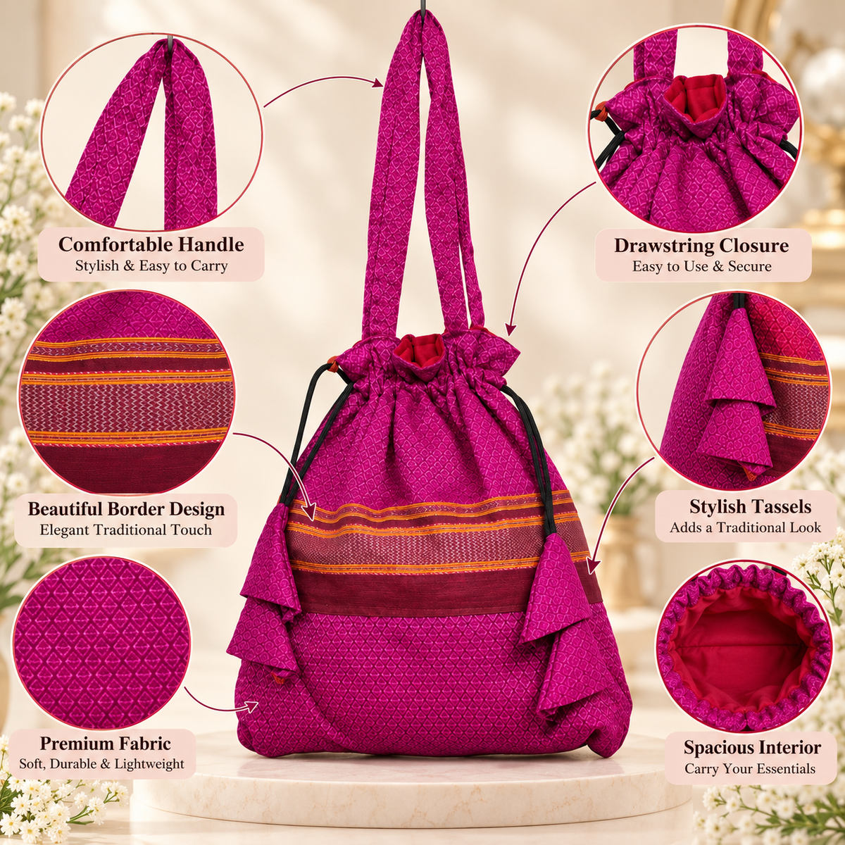 Magenta Printed Potli Bag for Women | Traditional Drawstring Shoulder Potli Purse with Tassels for Wedding, Festive & Party